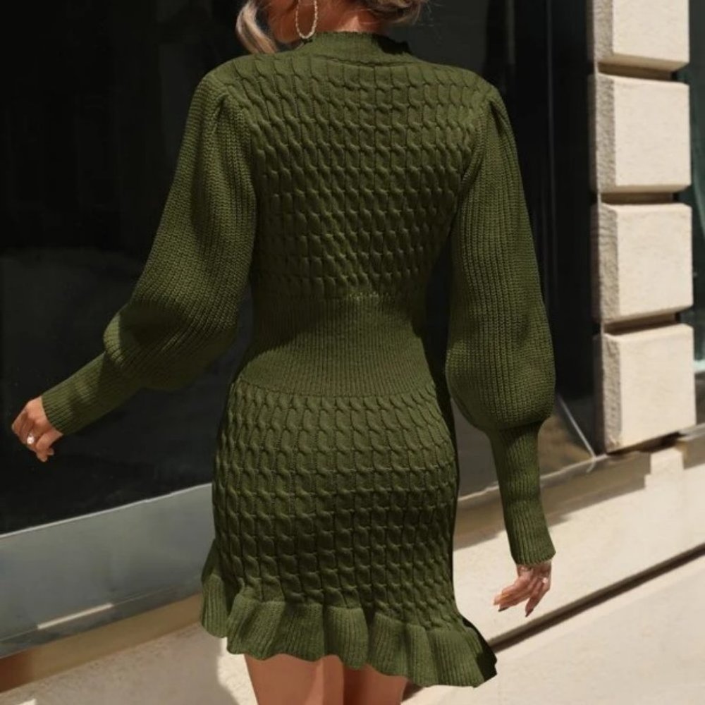 long sleeved Asymmetrical Ruffle Hem cable knit Sweater mini Dress Green - Picture 4 of 5
